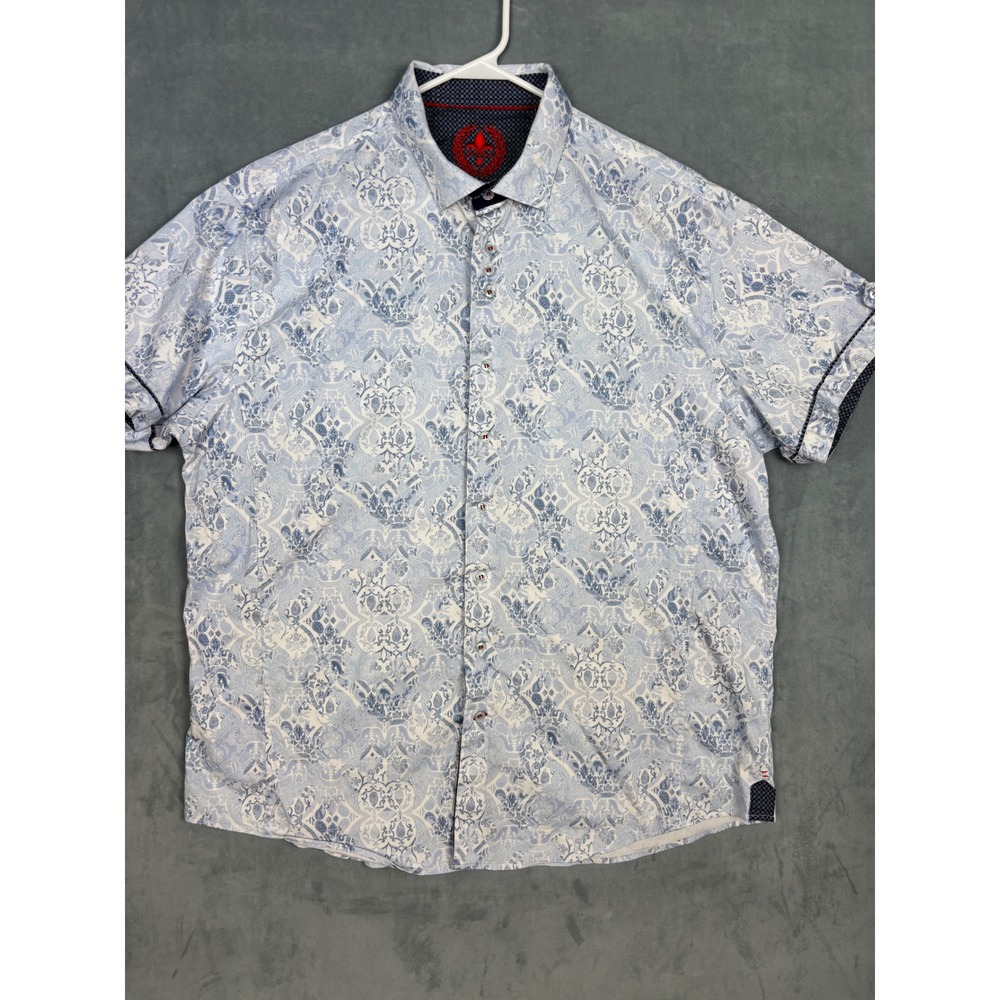 Au Noir Mens Short Sleeve Button Down Shirt Blue White Baroque Print 3XL